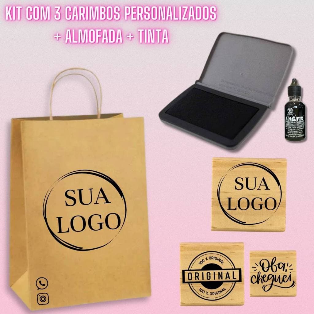 Kit com 3 Carimbos Personalizados para Sacola Kraft Tecido Plástico Com a Sua Logo Almofada e Tinta