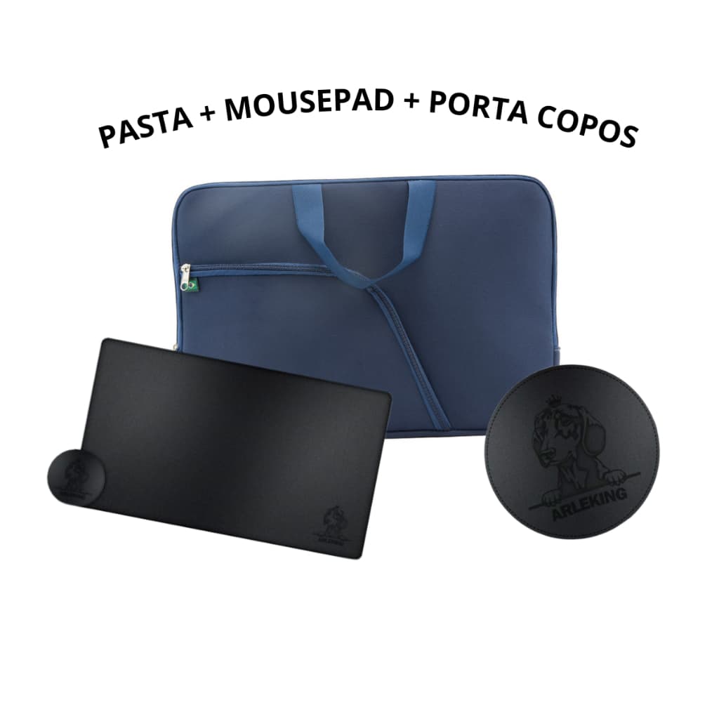 Kit Pasta Case Capa Maleta Com Bolso De Notebook + MousePad Preto Gamer 60x40 + Porta Copos De Couro