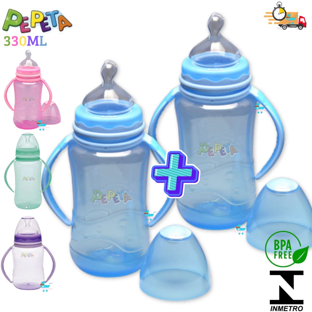 kit 2 mamadeiras barato bico silicone ortodôntico 330ml com alça - pepeta