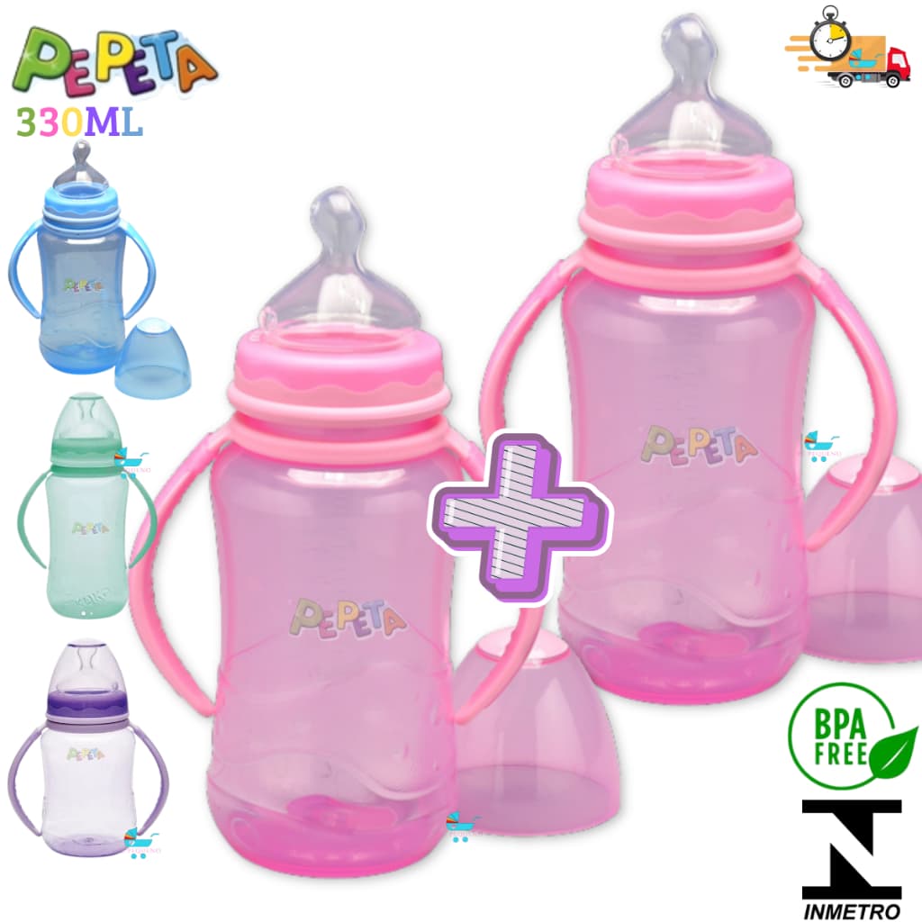 Kit 2 mamadeira 330ml bico de silicone transição infantil com alça.