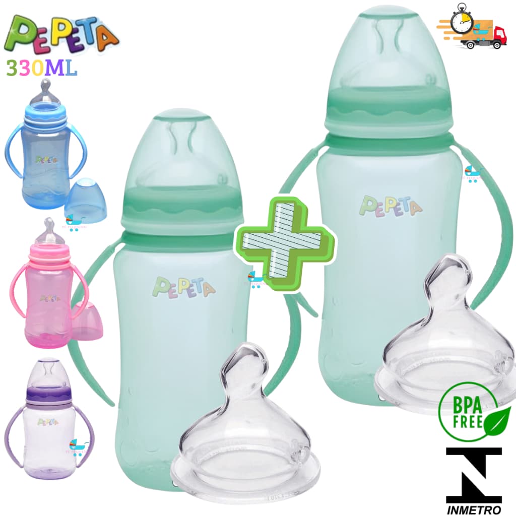 kit mamadeira 330ml bico de silicone transição infantil com alça – PEPETA