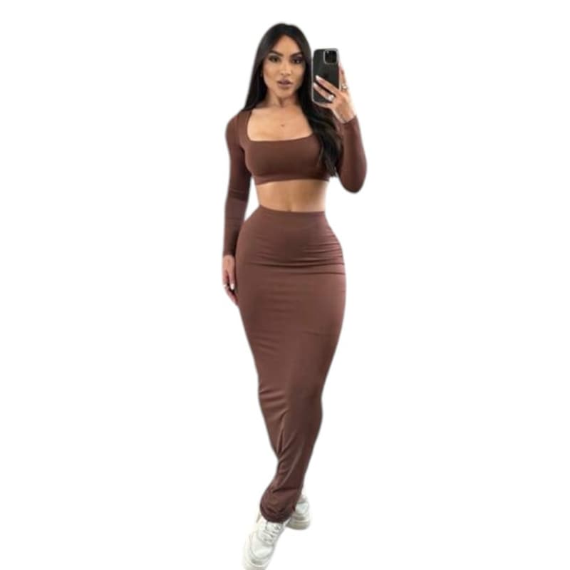 Conjunto Decotado Cropped Manga Longa SUPLEX Saia Longa Top de Frio