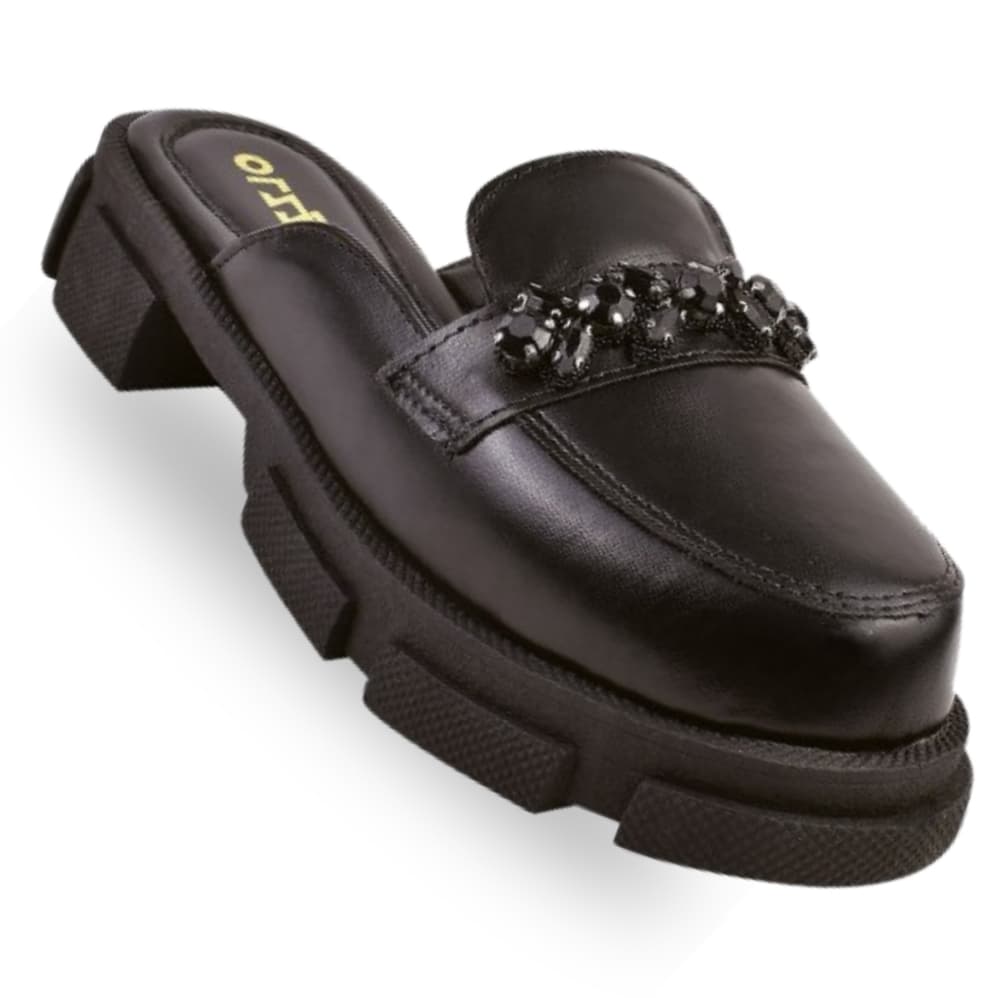 Mule Mocassim Feminino Sapato Delicado Corrente Confort Leve Solado Tratorado Olzzy