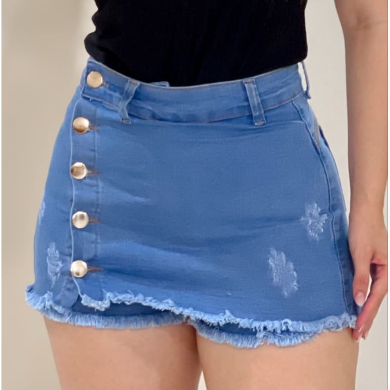 Short Saia Jeans feminino com lycra (estica) duas cores, cintura alta