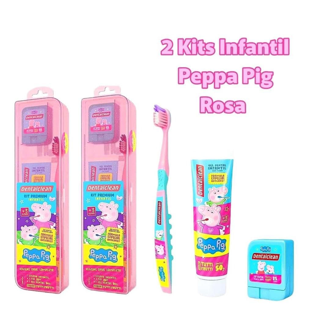 2 Kits Escova de dente infantil + Fio dental + Gel dental Peppa Pig Cor Rosa
