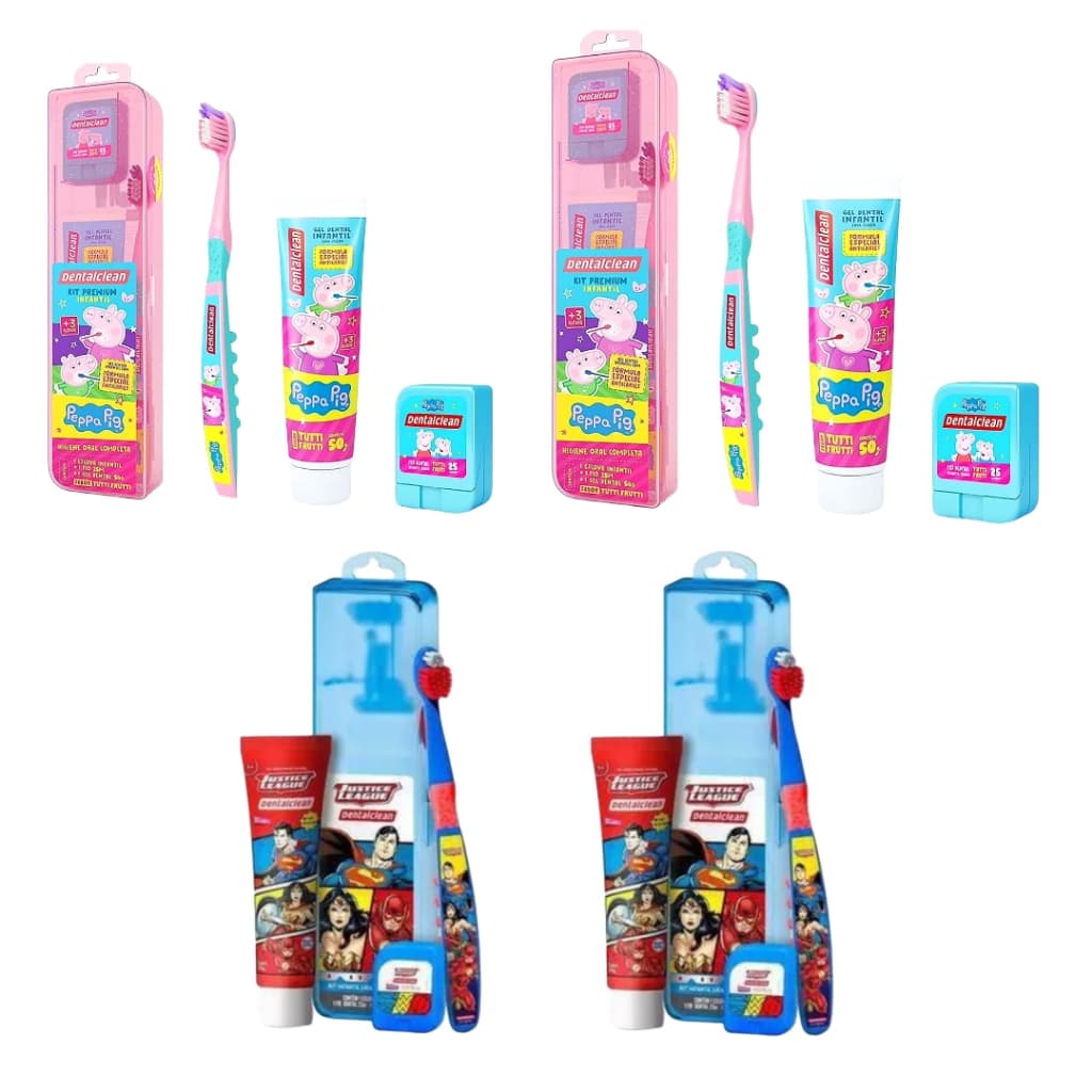 4 Kits Escova de dente infantil + Fio dental + Gel dental Peppa Pig ou Liga da Justiça