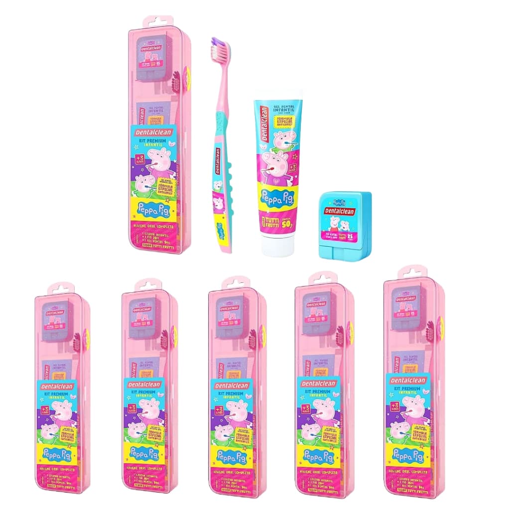 6 Kits Escova de dente infantil + Fio dental + Gel dental Peppa Pig ou Liga da Justiça