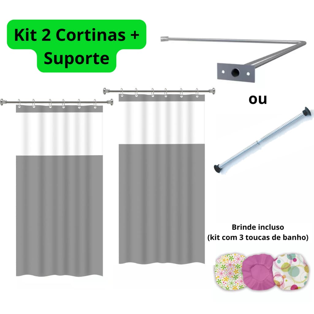 Kit 2 Cortinas Box em PVC Para Banheiro Anti Mofo Vários Modelos + Suporte Varão de cortina + Brinde