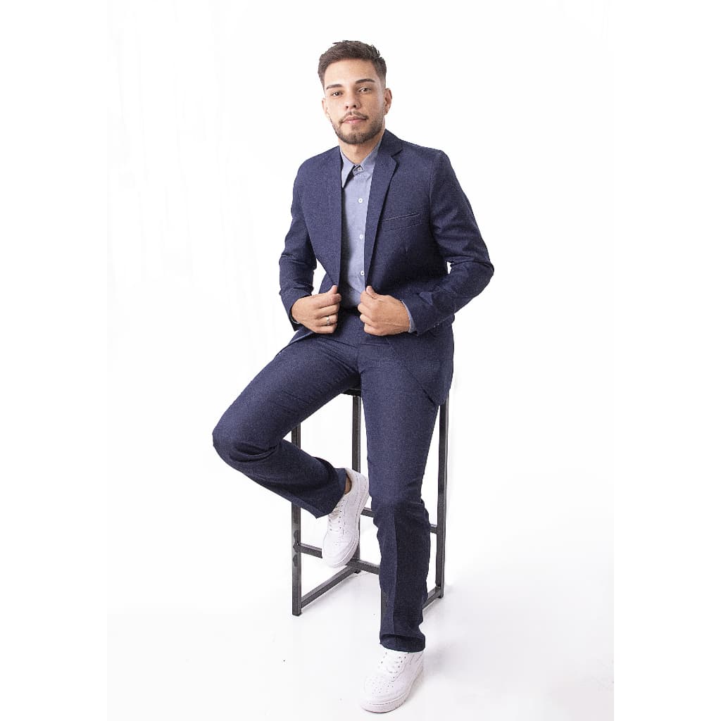 Terno Masculino Completo Slim Oxford Azul Marinho Super Elegante