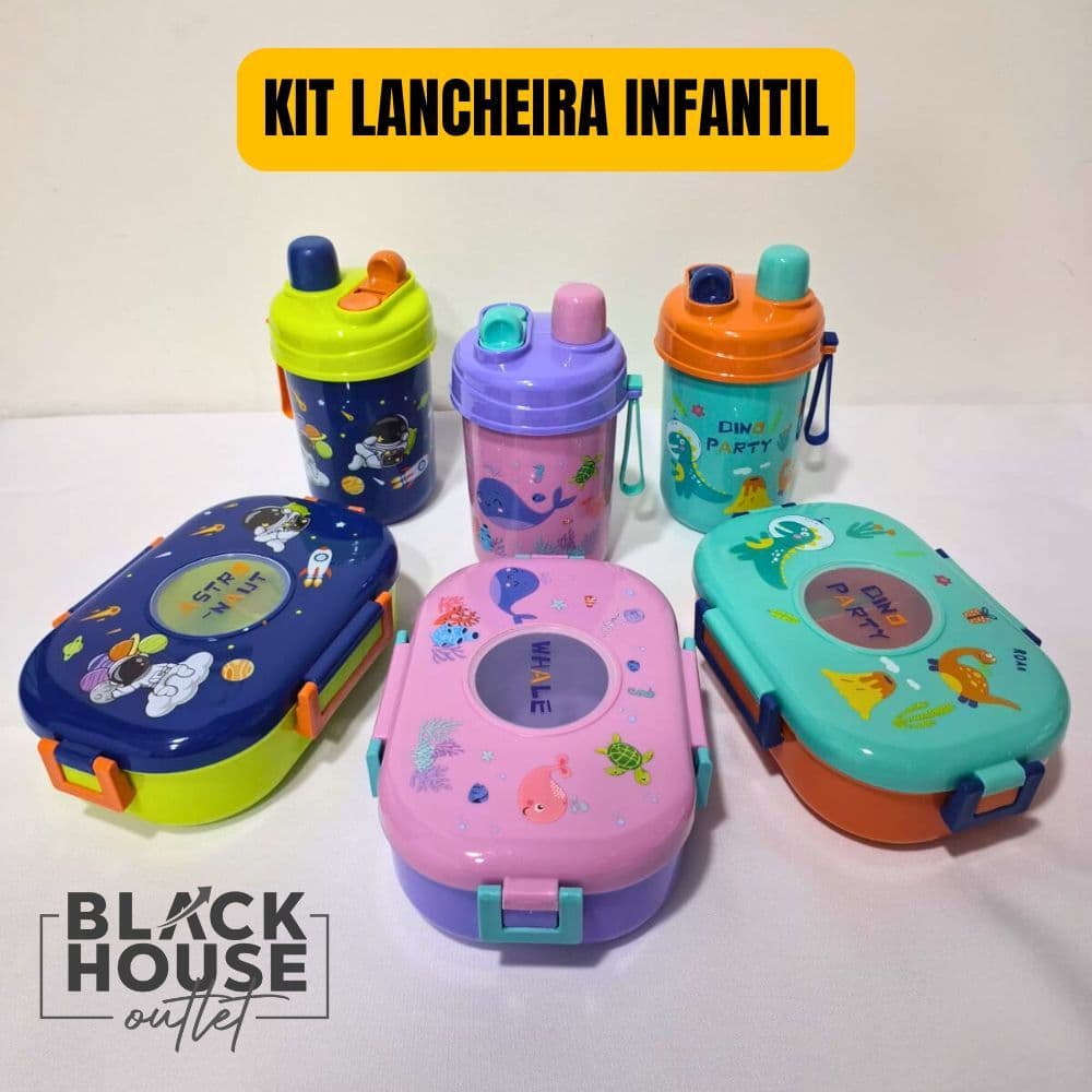 Kit Lancheira Infantil Com Divisória Visor + Talher + Garrafa 600ml Escolar Multiuso