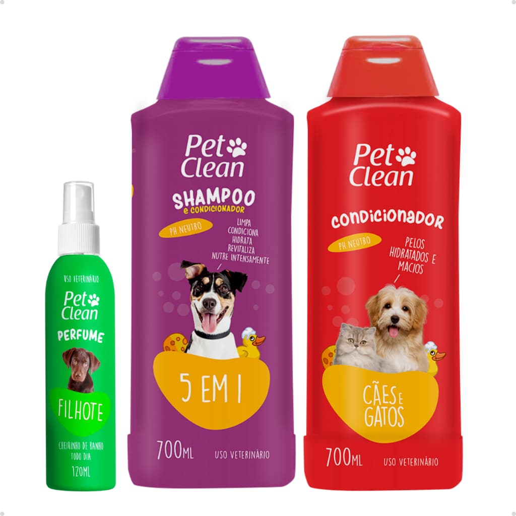 Kit Banho Higiene Shampoo 5 em 1 Creme Condicionador Perfume Pet Shop para Cachorro e Gato Pet Clean