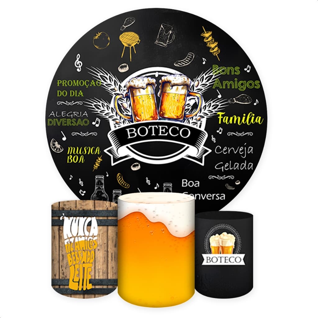 Kit Capas Sublimadas  para Painel Redondo + Trio Capas Cilindros de Festa Boteco/Bar