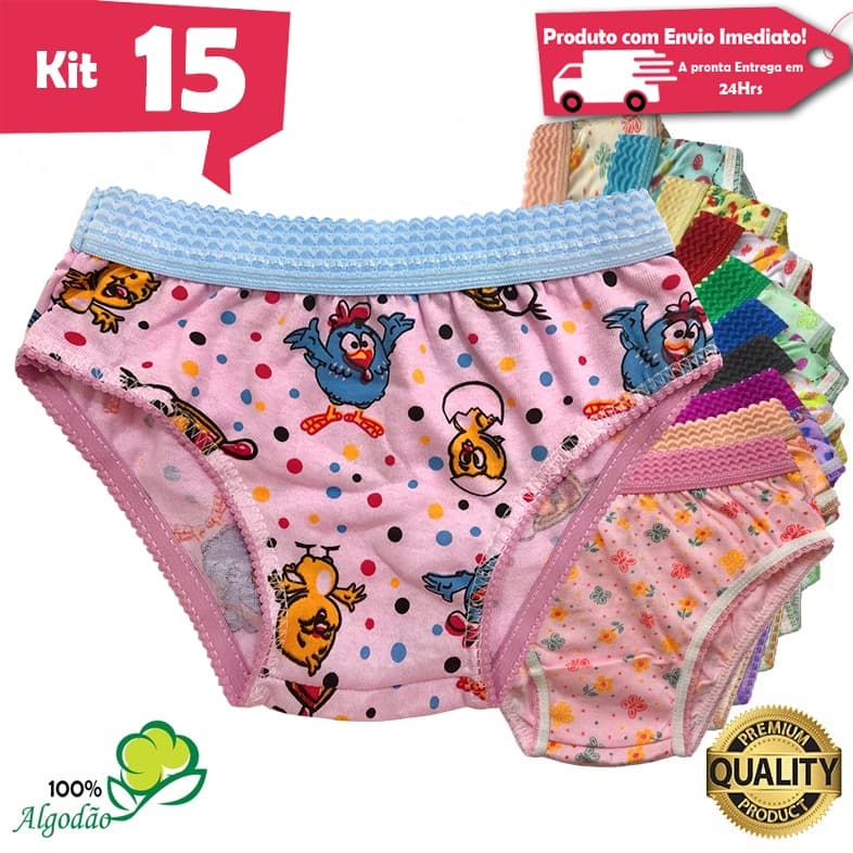 Kit 15 Calcinhas Infantil Algodão Estampada Cós Elástico Menina Revenda