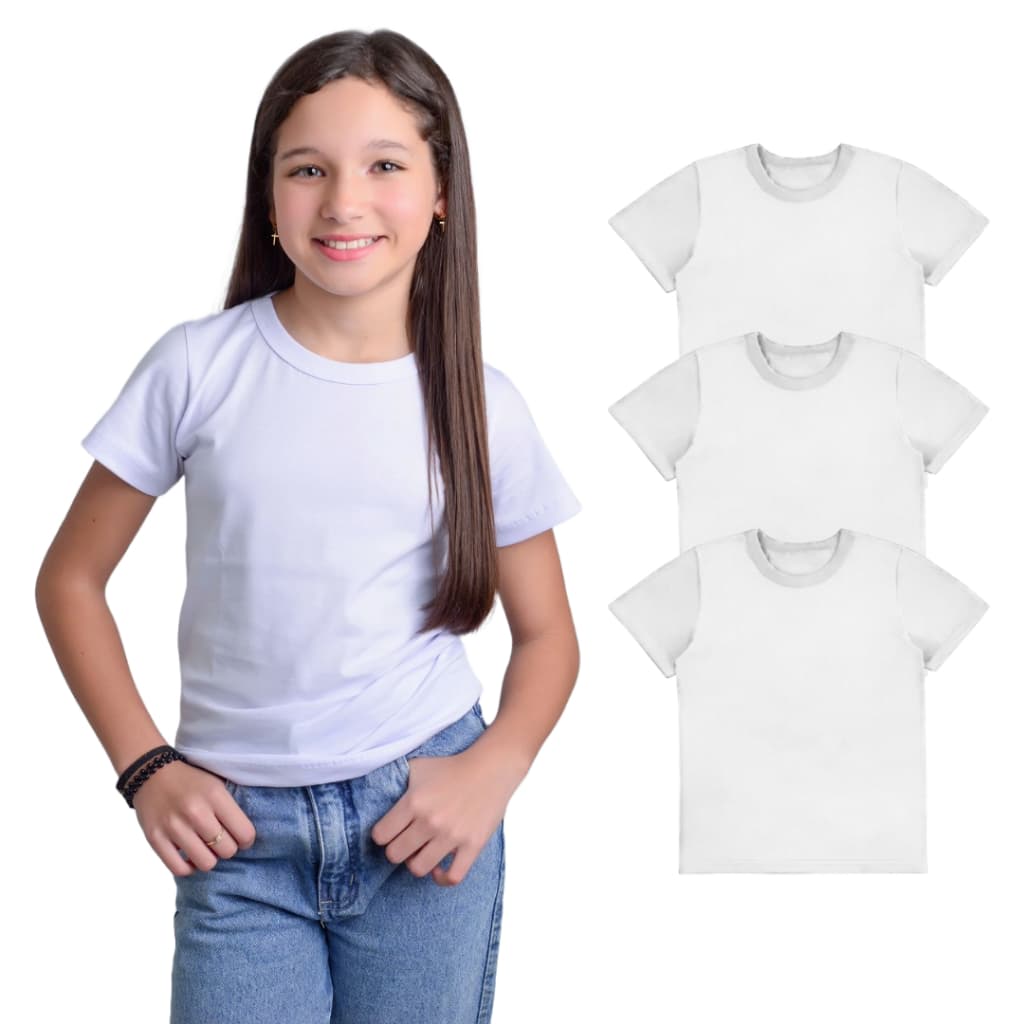 Kit 3 Camisetas Brancas Infantil Menina Escolar Manga Curta Básica Lisa Tamanho 2 ao 12, Camisa 100% algodão