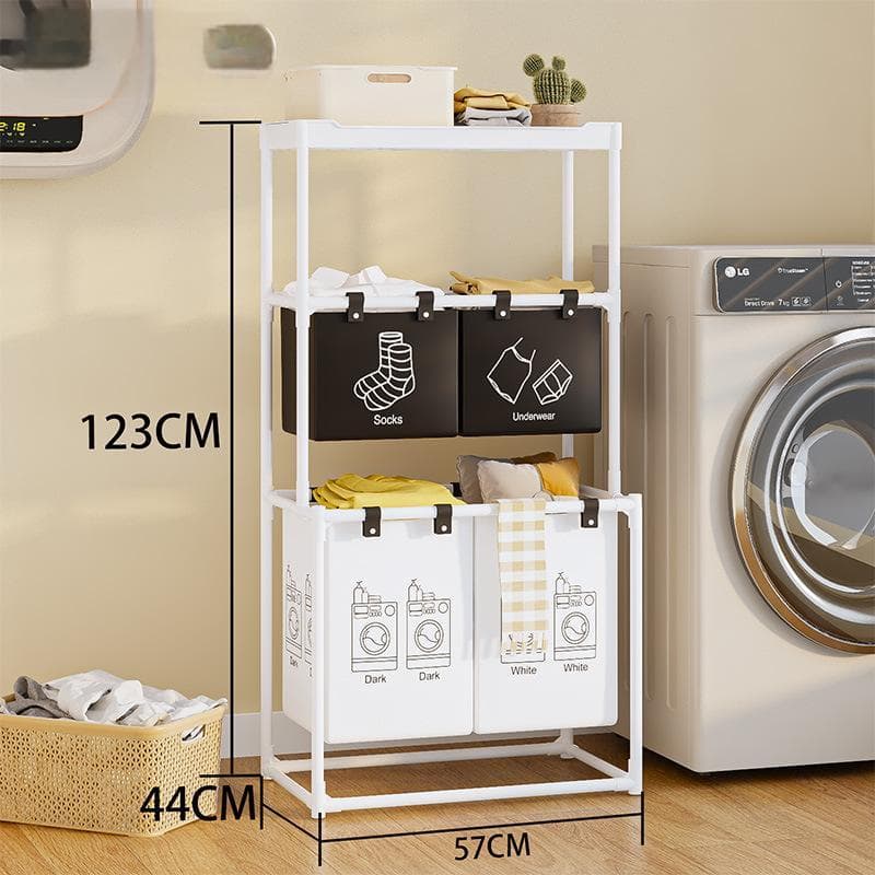 Cesto Roupa Suja de Aço Dobrável Armazenamento e Organizador Dupla Camada 4 divisórias para lavanderia