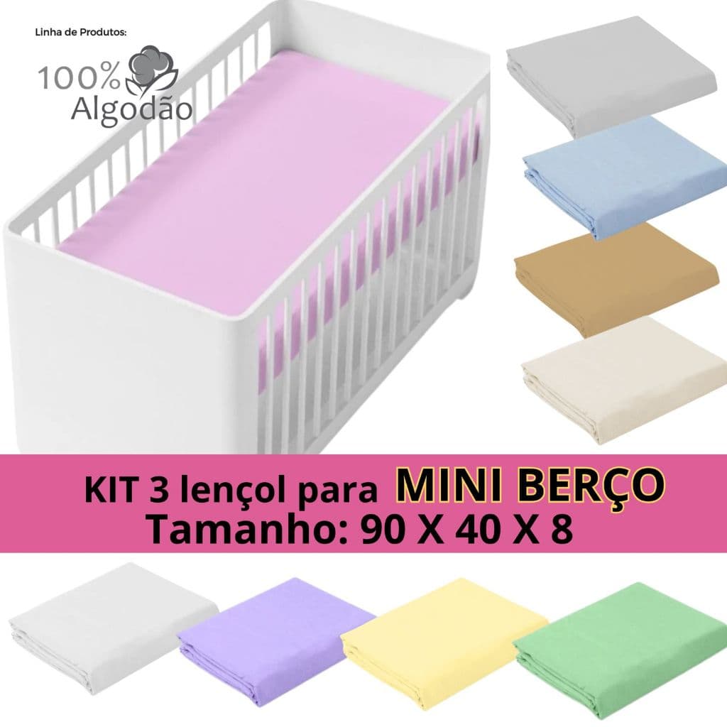 KIT 3 LENÇOL AVULSO DE ELÁSTICO PARA MINI BERÇO CORES VARIADAS 100% ALGODÃO