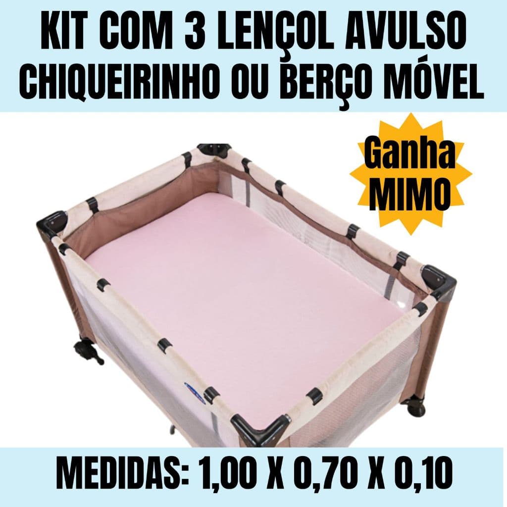 Kit 3 lençol avulso para chiqueirinho com elástico 100% algodão 200 fios + mimo