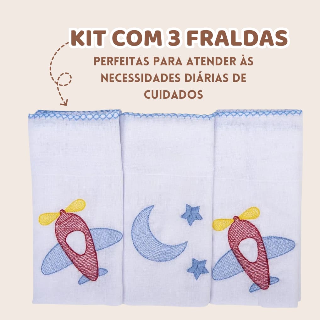 Kit Fralda De  Pano Bebê 3 Unidades 70x68cm 100% Algodão Com Bainha Menino Menina