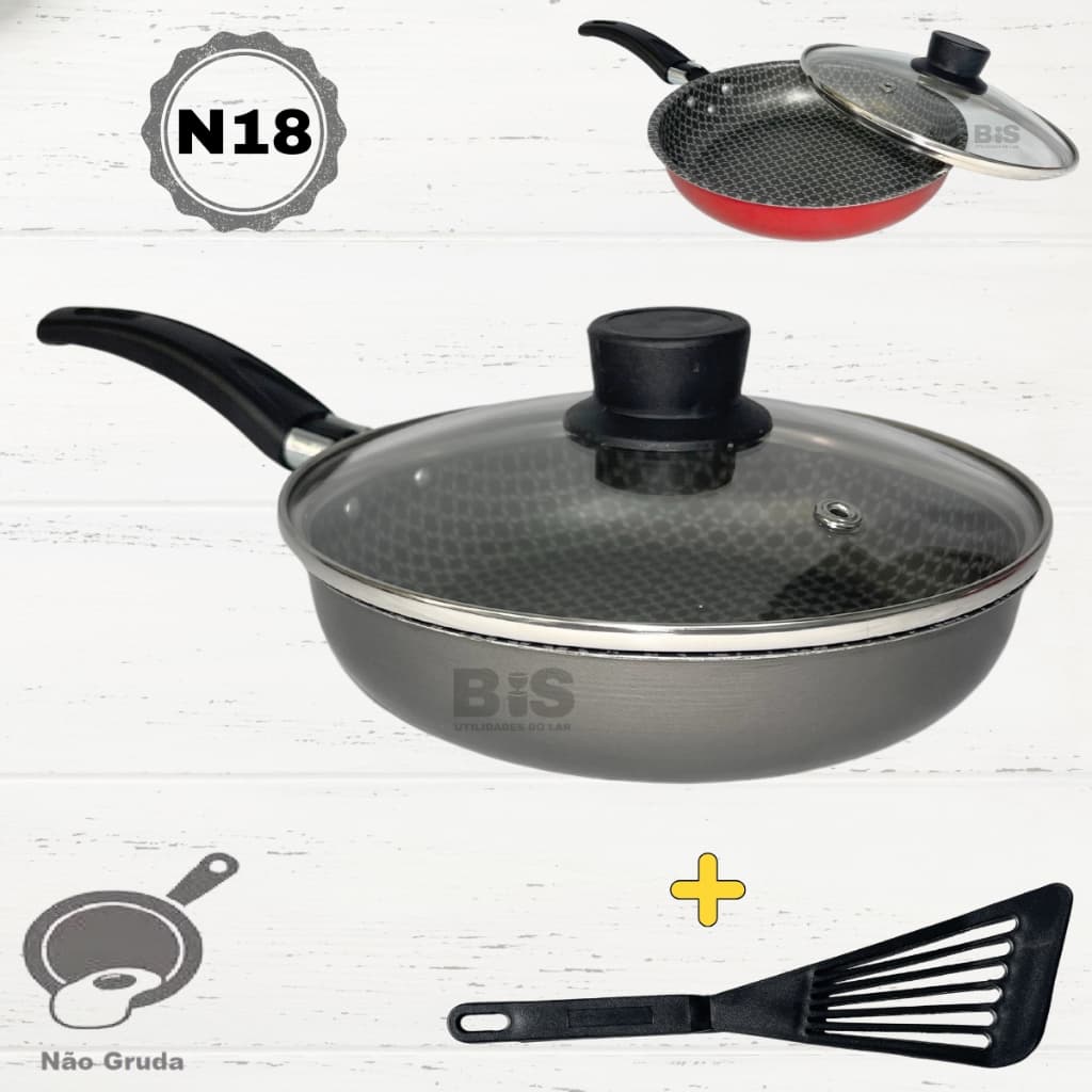 Frigideira Antiaderente Com Tampa de Vidro 18cm + Espatula Francesinha Teflon N18 Vermelha Ou Preta