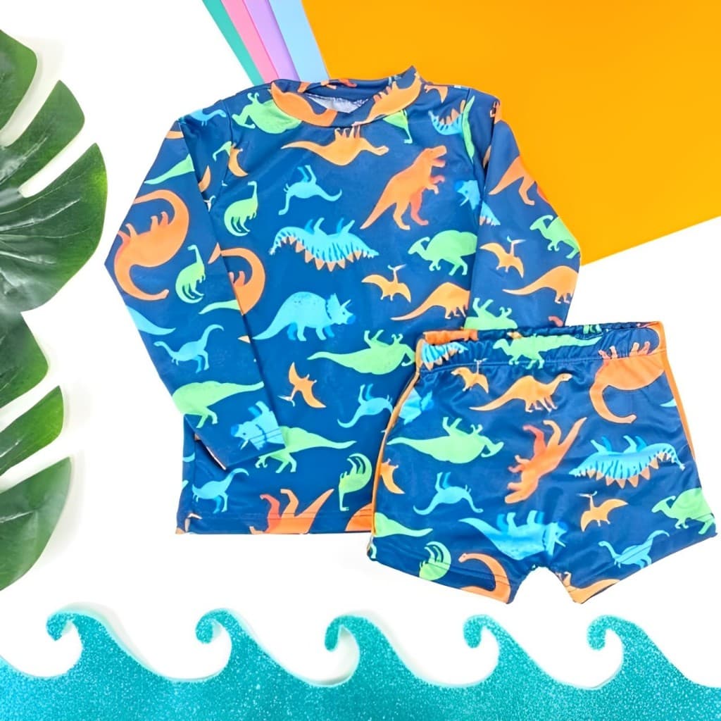 Conjuntinho Infantil Menino Blusa + Sunga Proteção UV 50+ P/ Praia Piscina Estampado de 1 a 6 anos