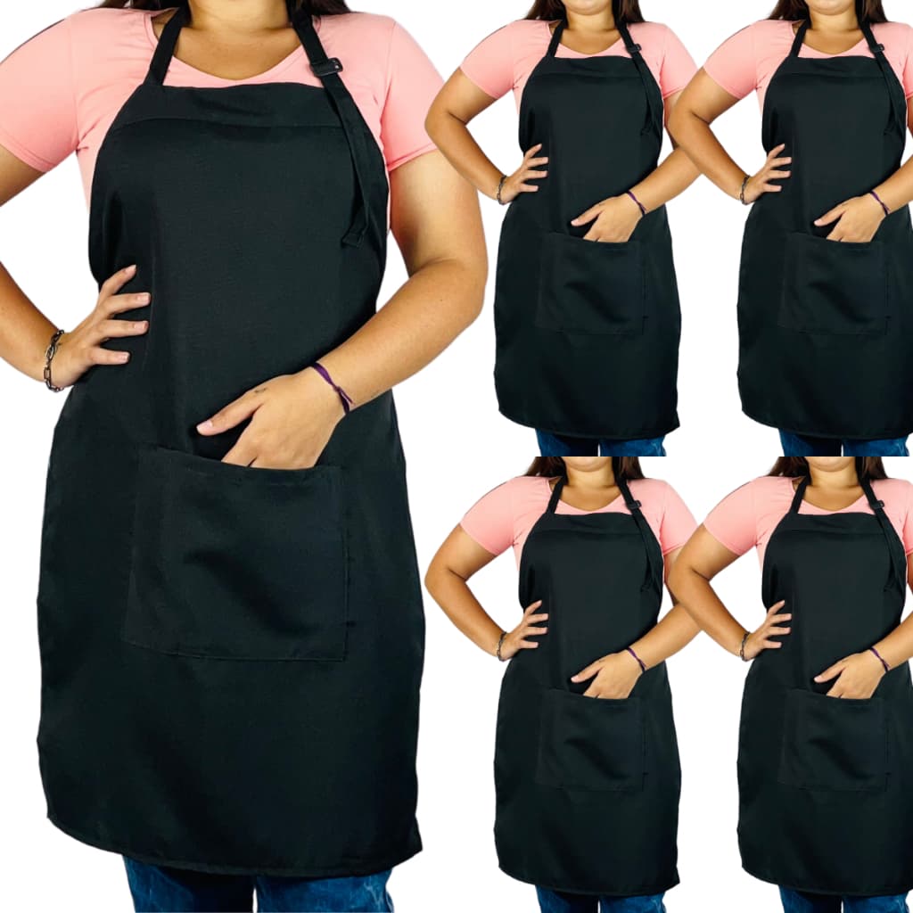 Kit com 5 Avental Inteiro Oxford Modelo Garçom de Cozinha com Bolso Frontal Ajustável