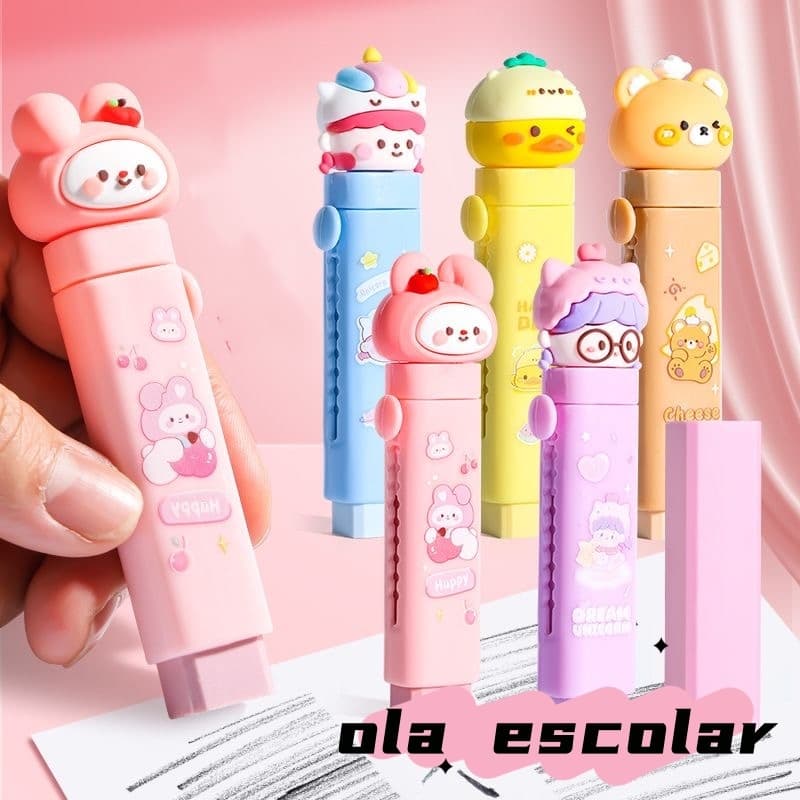 Caneta Borracha Retrátil com 2 Refíl Deslizante (Coelho Rosa/Astronauta/Urso Marrom/Pato Amarelo/Menina com Óculos