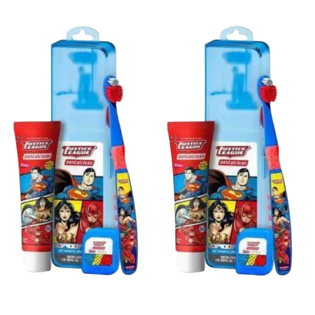2 Kits infantil Escova de dente + Gel dental + Fio dental Liga da Justiça
