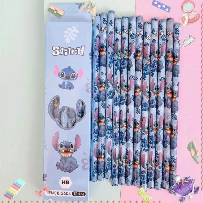 Kit 12 Lápis Preto HB Stitch Desenho Caligrafia Escolar Fofo