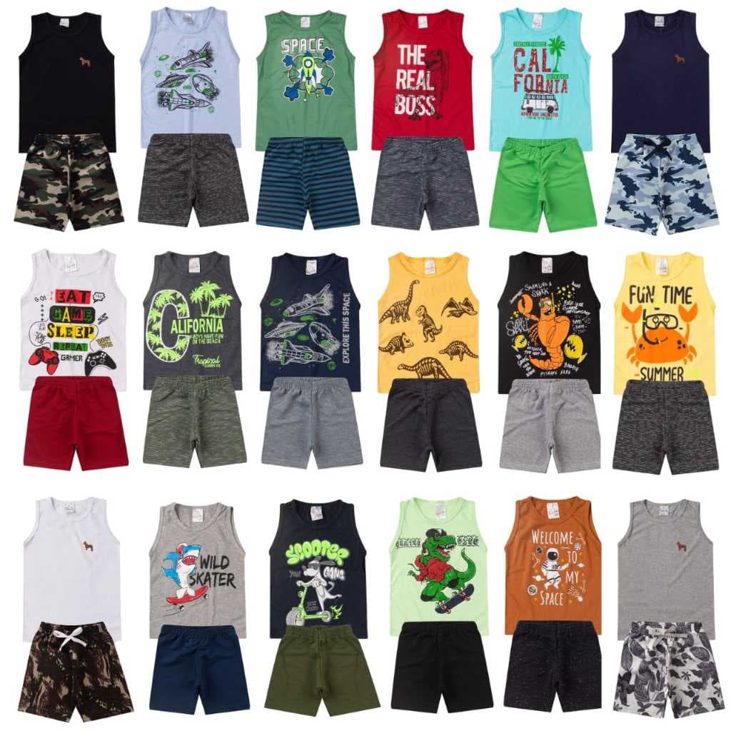 Kit 20 peças de menino infantil são 10 conjuntos regatas e camisas bermuda verão tamanho 1 2 3  4 6 8