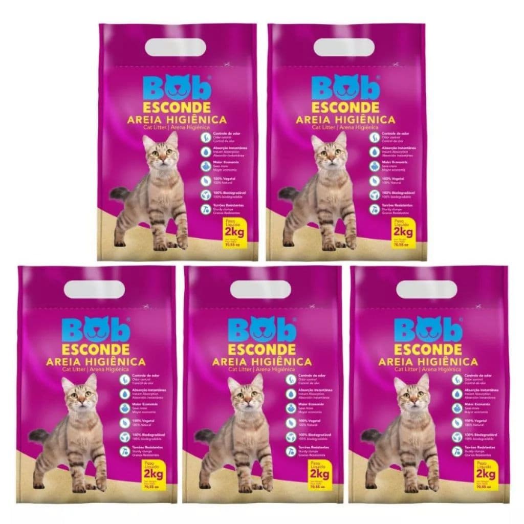 Kit 5 Unidades Areia Higiênica para Gatos Bob Esconde com Extrato de Mandioca Biodegradável 10Kg