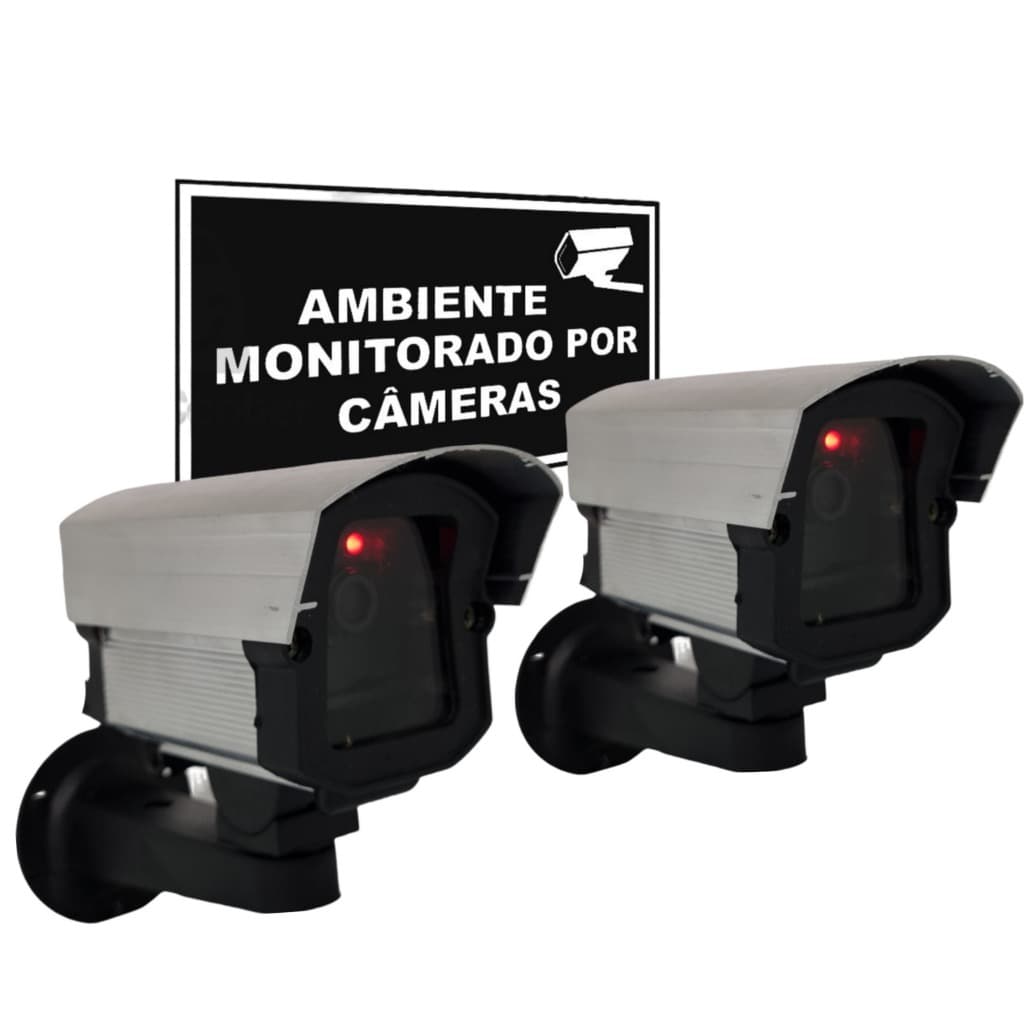 Kit 2 Câmeras Falsas Com Led Bivolt  +  Placa Ambiente Monitorado por Câmeras