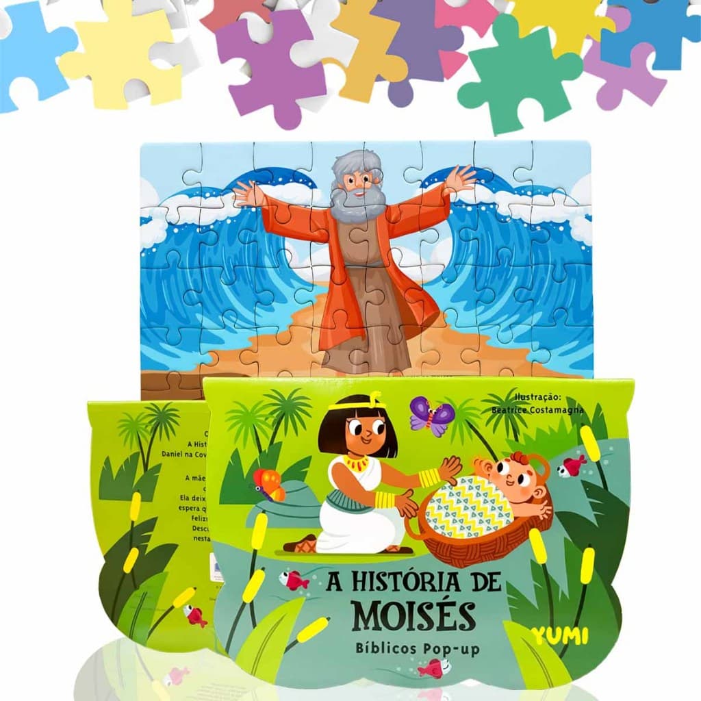 Kit Livro Infantil História De Moisés Em 3d  Pop-up + Quebra-Cabeça Bíblia Infantil Leia E Divirta-se 4 A 12 Anos