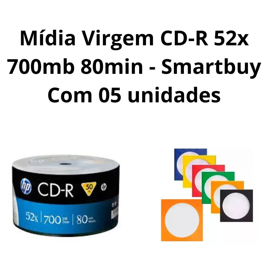 05 unidades de Mídia Virgem CD-R 52x 700mb 80min - HP C/envelope