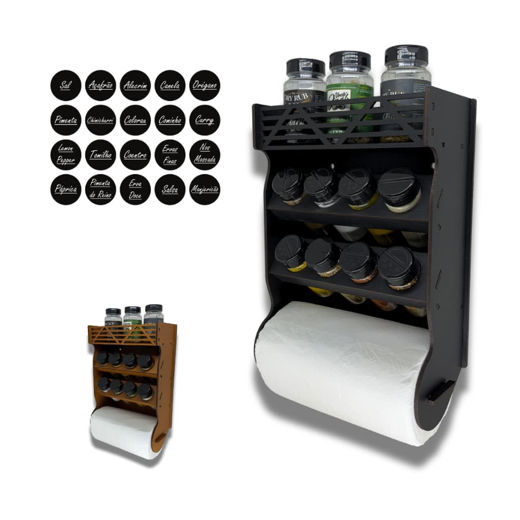 Porta Tempero Parede com Potes com Local Para Colocar Potes de Sal e Cartela de Etiquetas