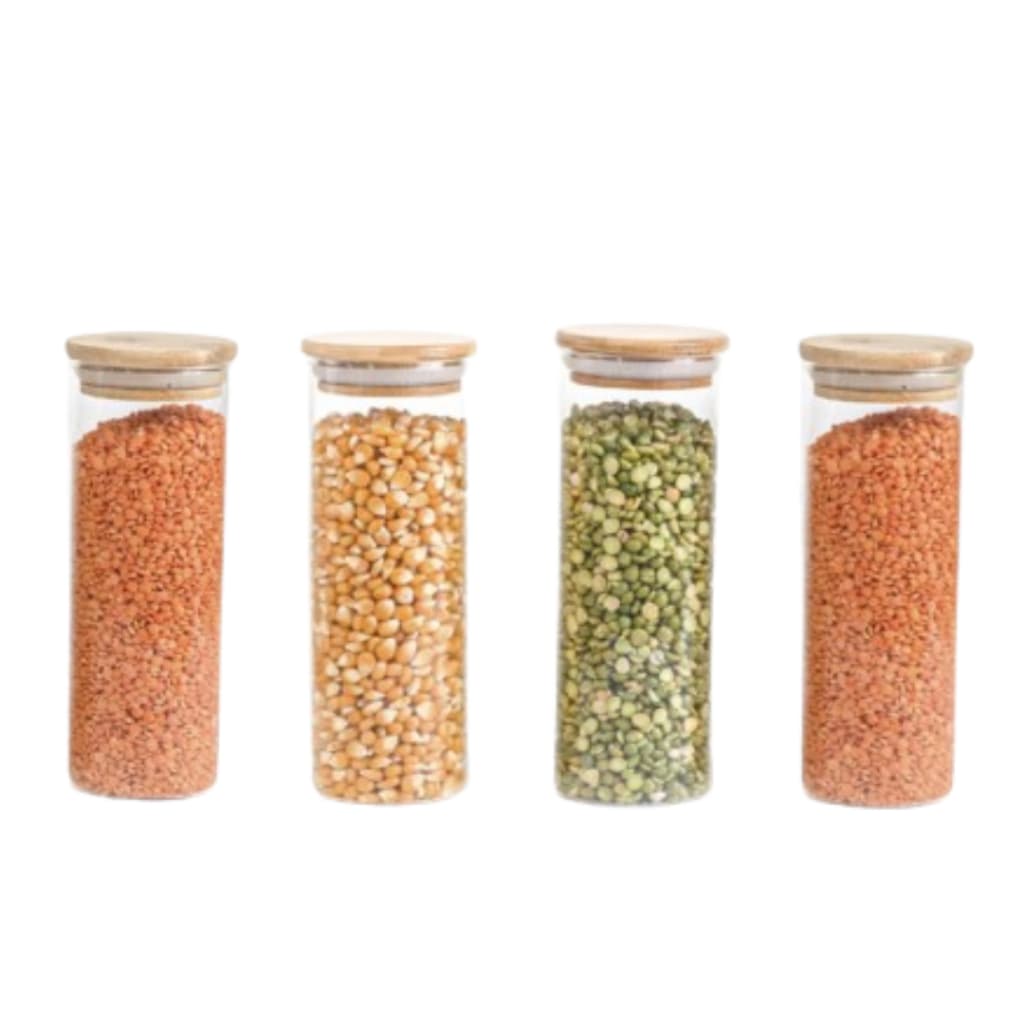 Kit 4 Potes De Vidro Mantimentos 550ml Com Tampa De Bambu
