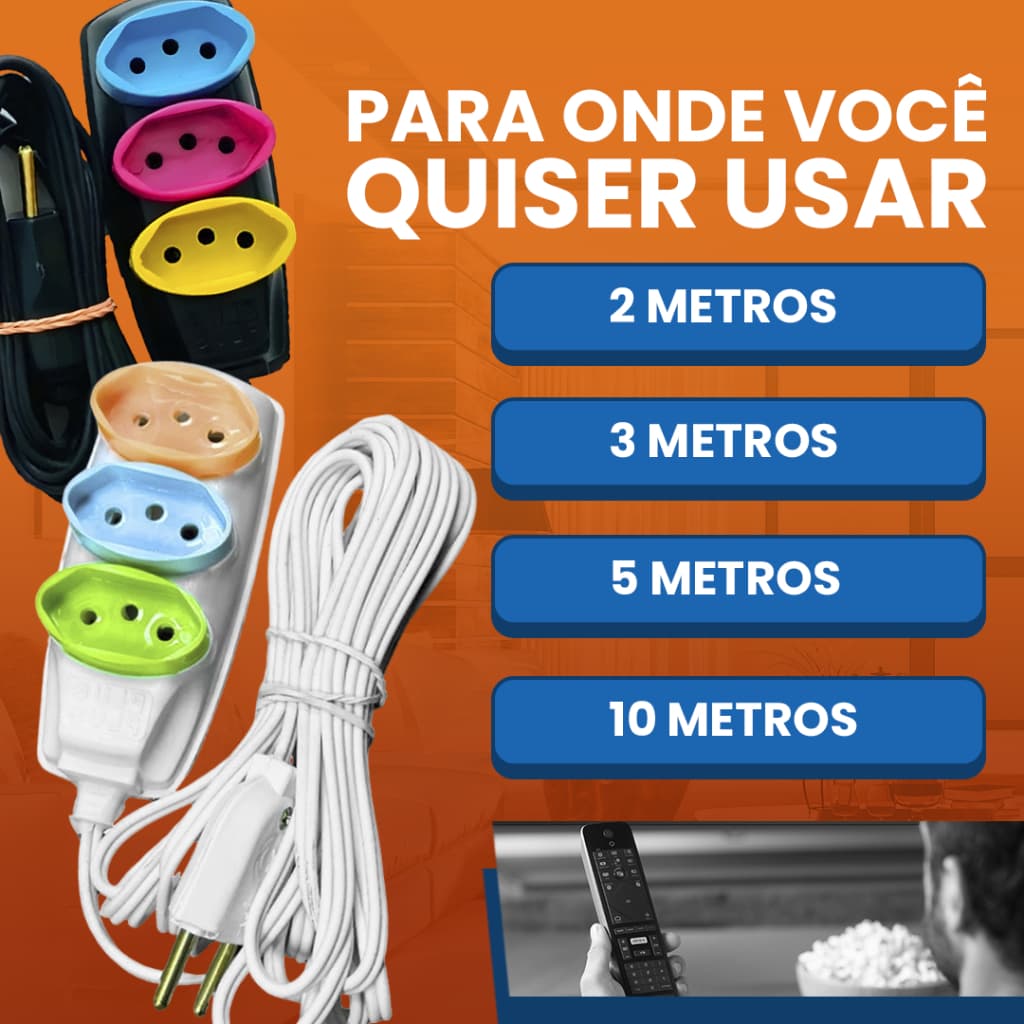 Extensão Elétrica Branca e Preta 10/5/3/2 Metros Bivolt Tomadas Tripolares Coloridas