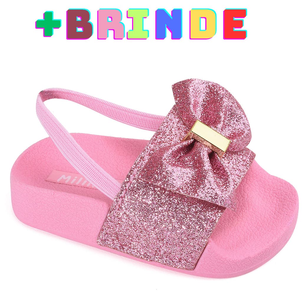 Chinelo de bebê sandalia para meninas criança com laço rosa preto gliter