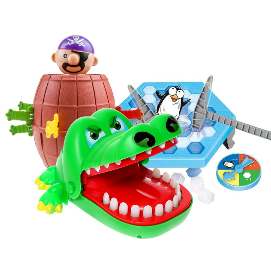Kit Jogos Brinquedo Infantil Crocodilo Morde Dedo + Pula Pirata + Quebra Gelo do Pinguim Infantil