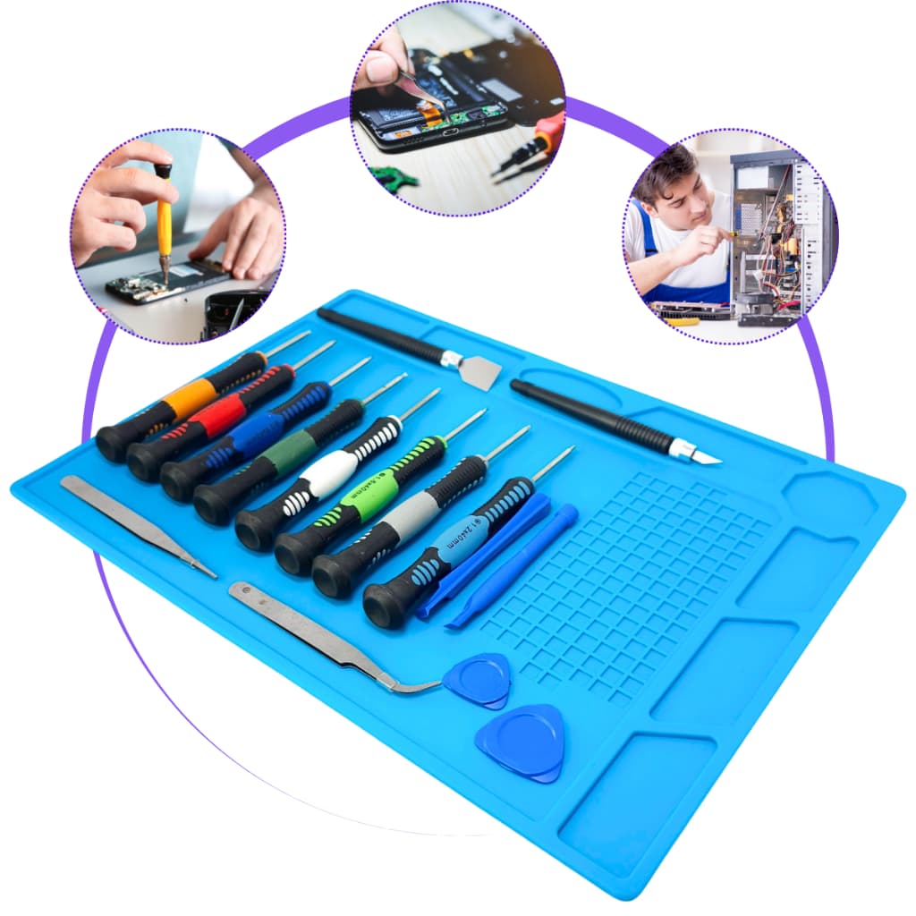 Kit Manta Antiestática 32x23cm com Chaves de Precisão 16 peças Estação Trabalho Resistente a Calor