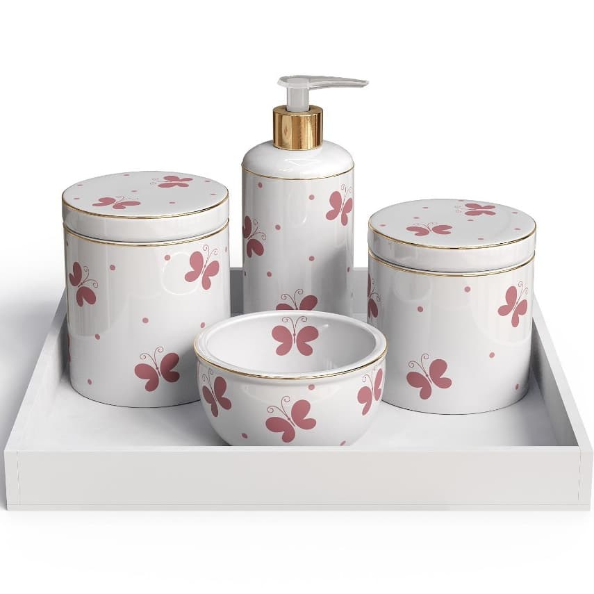 Kit 5 Pecas Higiene Bebe Porcelana Bandeja MDF Branco Variacoes Decoracao