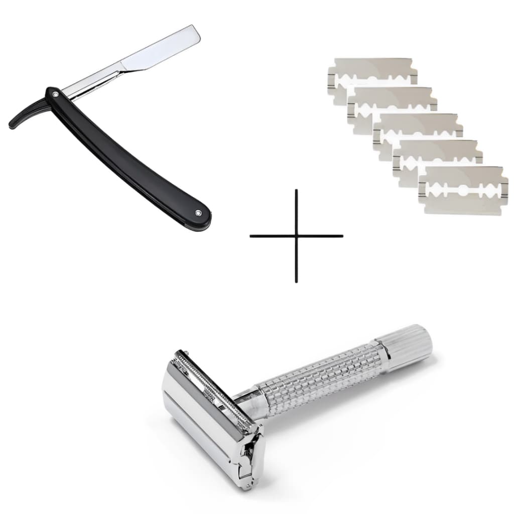 Kit Navalha Barbeiro Profissional + Aparelho de Barbear Retrô Clássico + 5 Lâminas Aço Inox