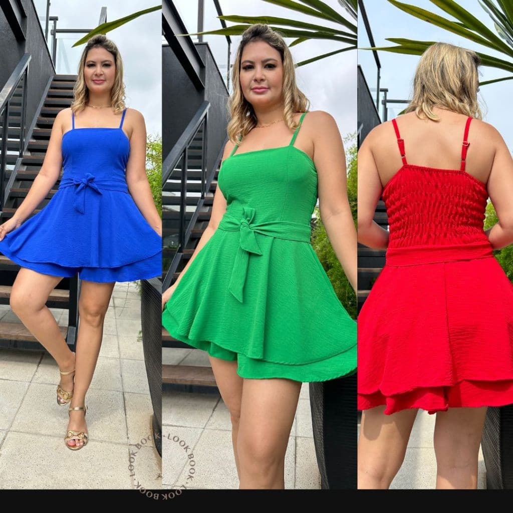 Macaquinho Feminino Rodado  Macacão Curto  Alcinha Liso Verão  Forrado Com Bojo e Com Laço