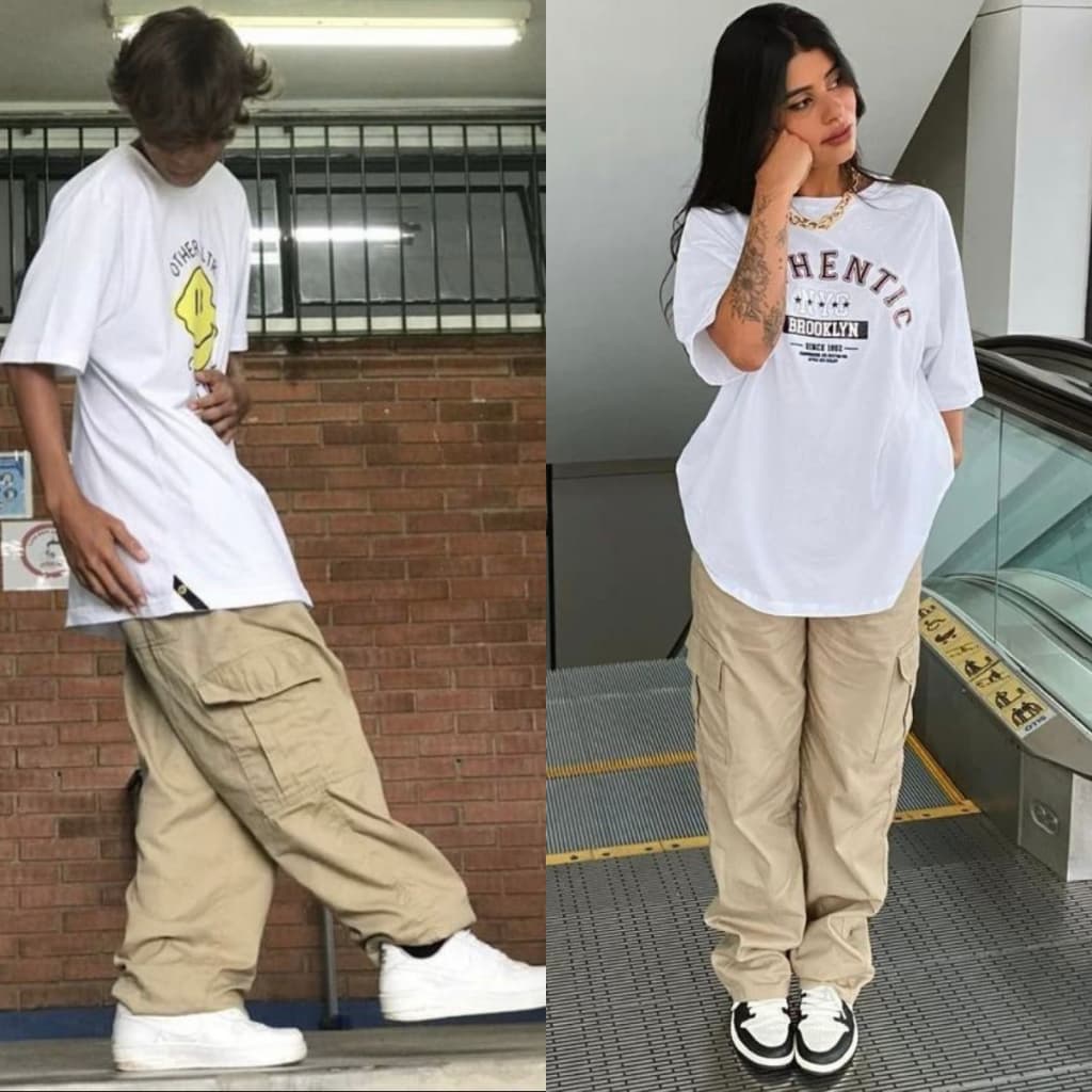 Calça Cargo  Sarja Larga Masculina feminina Skate Caqui 5 Bolsos Fechamento Cordão