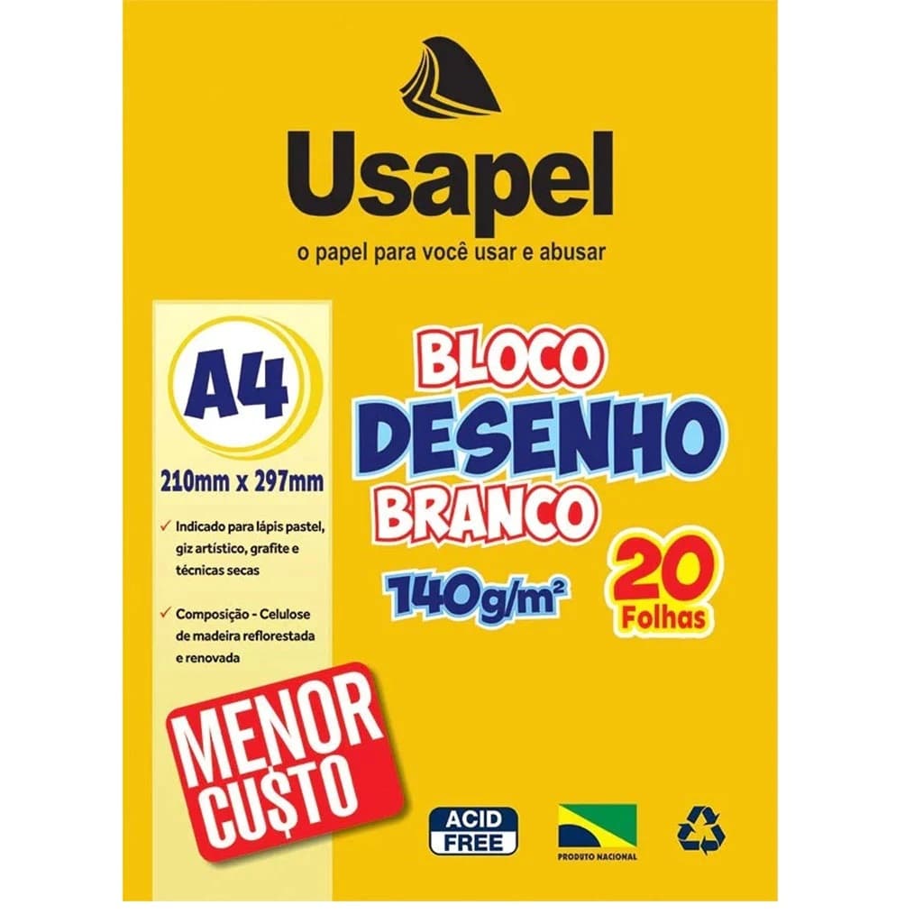 Bloco Para Desenho A4 Branco 140g Com 20 Folhas - Bloco Tecnico - Usapel