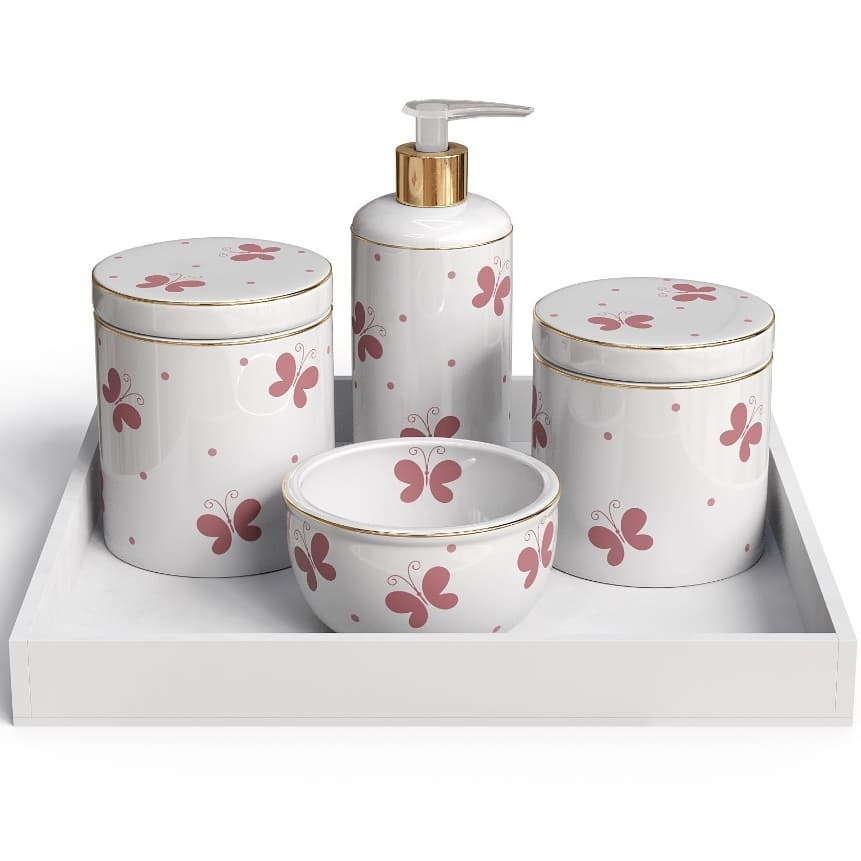 Kit Higiene Bebe Porcelana Borboletas Filete De Ouro Delicado