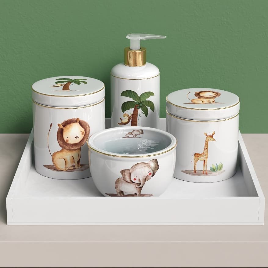 Kit Bebe Higiene Tema Safari Com Filete Ouro