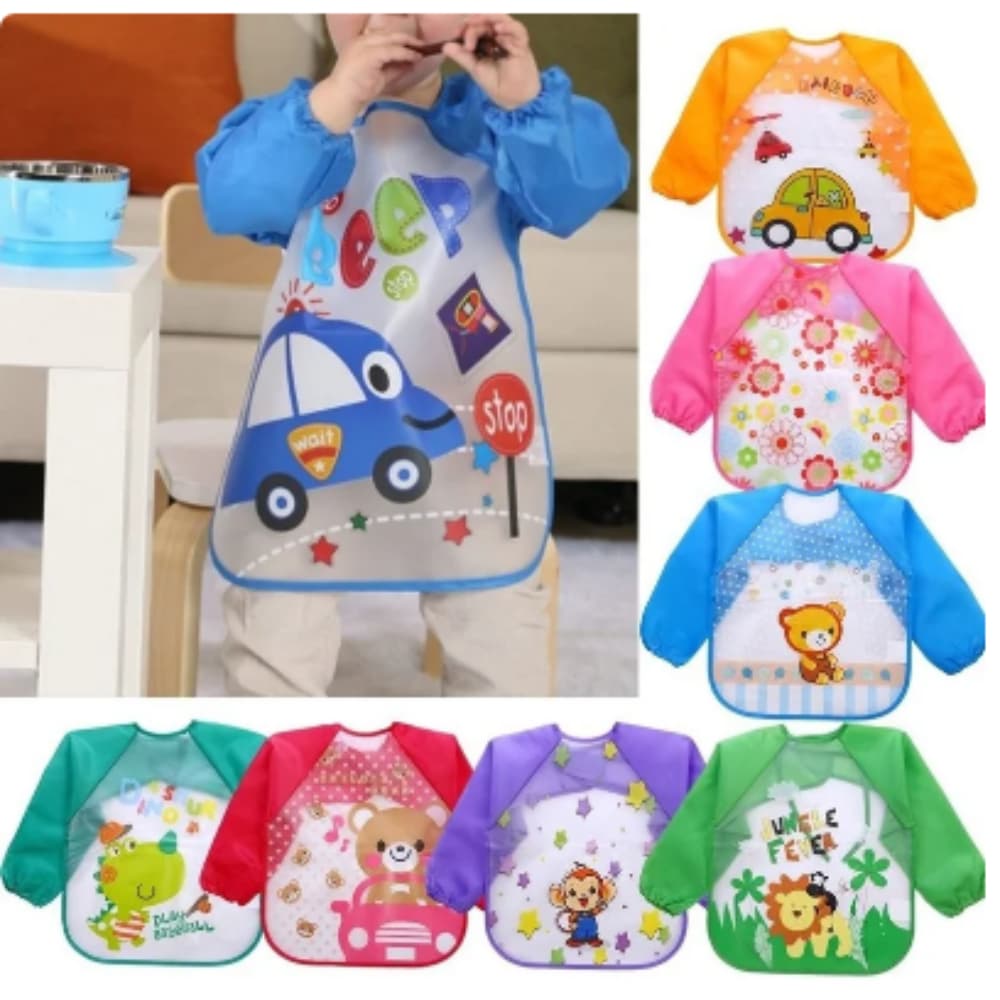 Babador de Plástico Avental Manga Longa Impermeável  Bebe Criança Meninas e Meninos