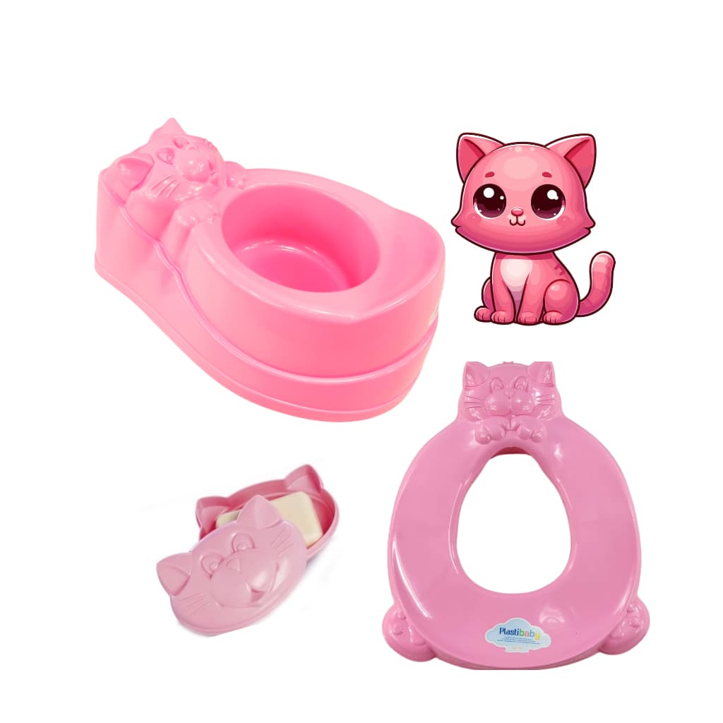 Kit Desfralde Gatinha | Redutor + Pinico + Saboneteira | Rosa | Conjunto Completo