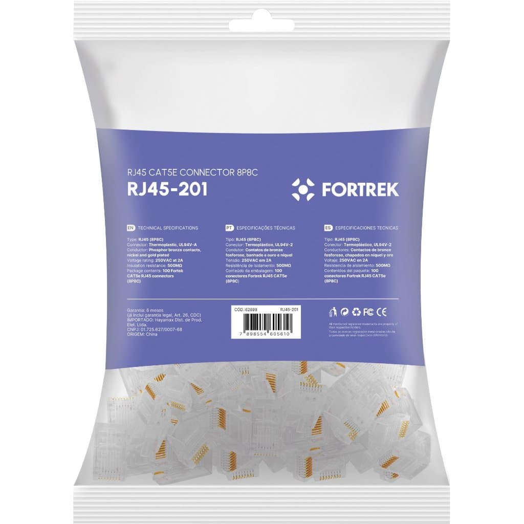 Conector Macho Internet Cat5e Rj45 Cat5e Fortrek - Pct 100u