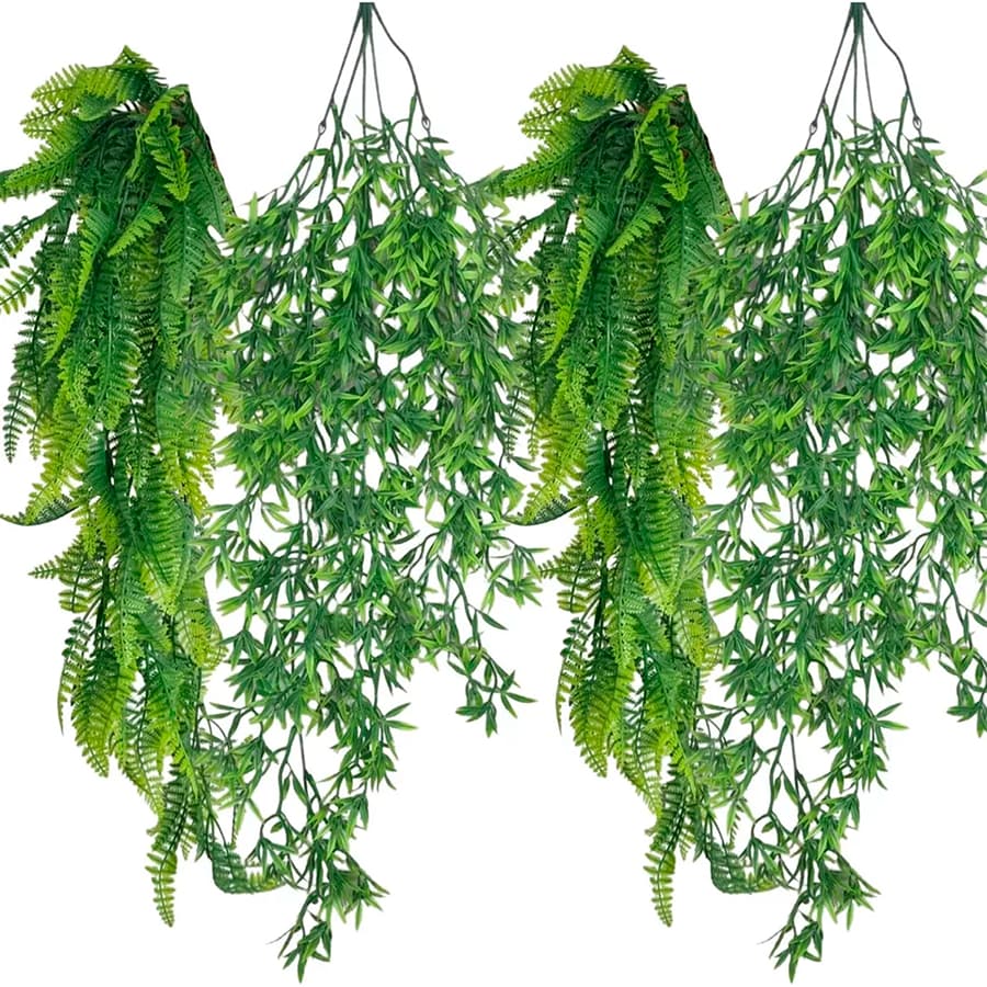 Mix 2 Pendentes de Samambaia+2 Pendentes de Bambu Artificial 80cm Pendurada Verde Artificial Decoração